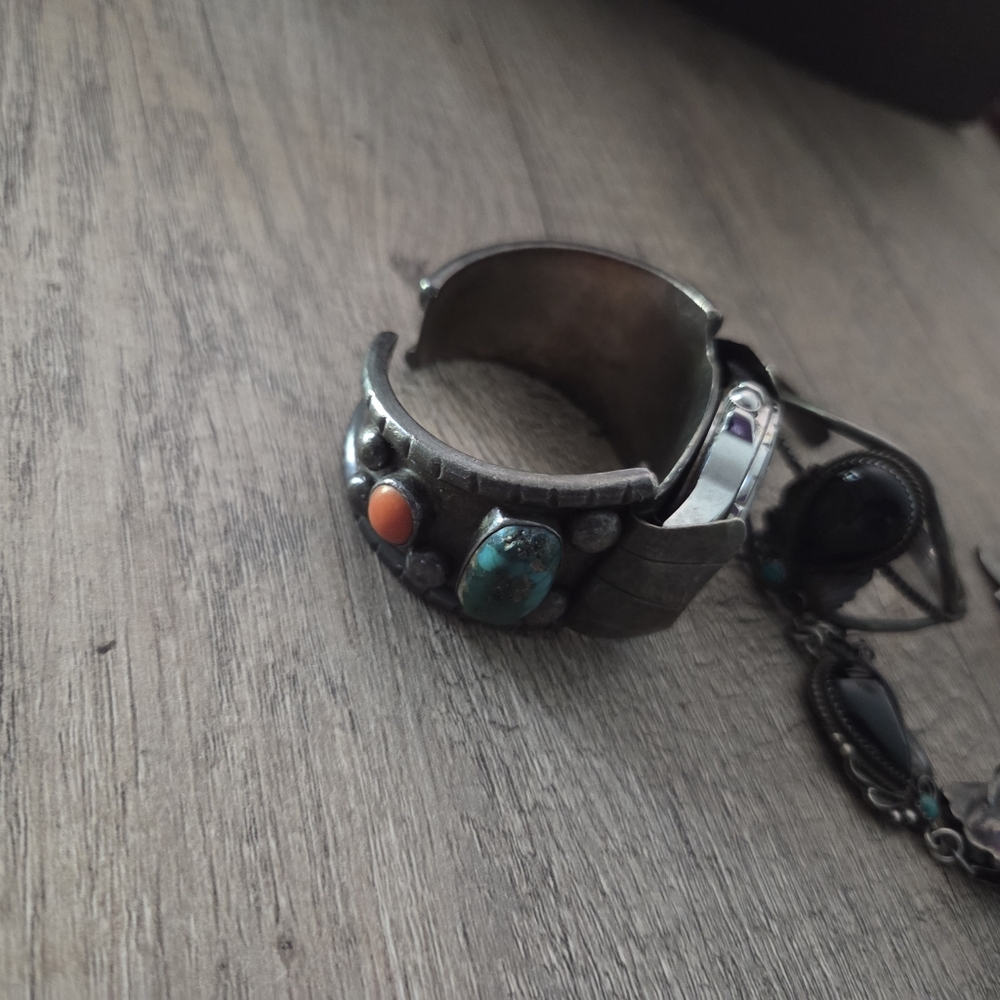 Silver Cuff Bracelet with Turquoise and Coral Stones 4 Pieces
